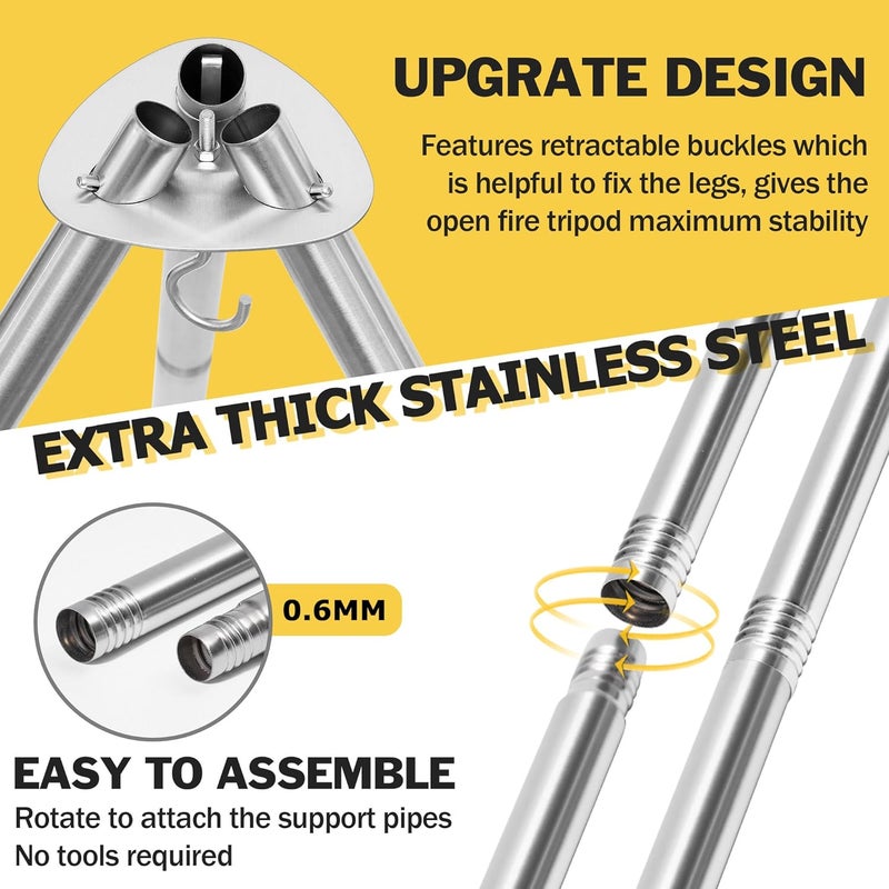 Joyfair Campfire Camping Tripod Grill Grate(17” Dia.), Heavy Duty Stainless Steel Openfire Tripod with Over Firepit Rack Camp Equipment, Adjustable Height Stand for Outdoor BBQ Cooking Grilling - Image 2